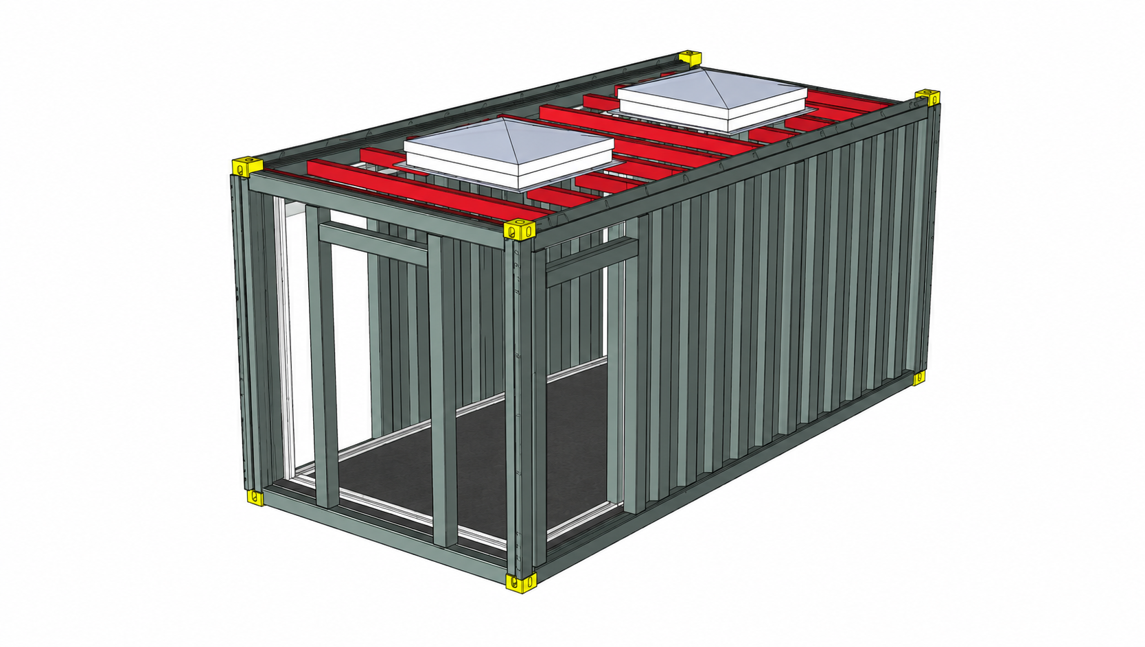 A 3D CAD drawing of a shipping container frame with two roof vents, including text notes about vent placement and bracing.