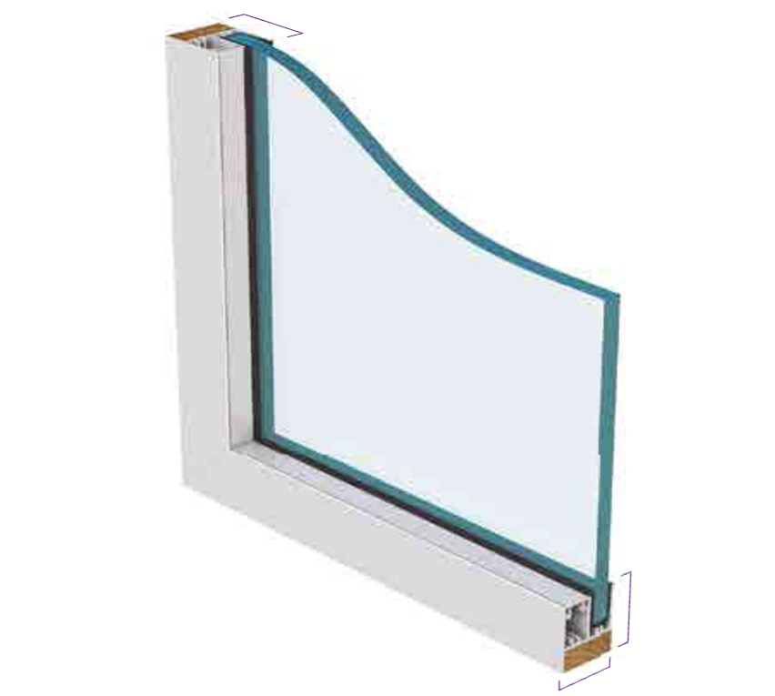 A 3D cross-section view of a window frame with a single pane of blue-tinted glass set in white aluminum and wood casing.