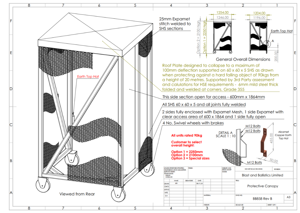 Technical drawing of a mobile, mesh-sided metal cabinet on wheels, including dimensions and structural details.