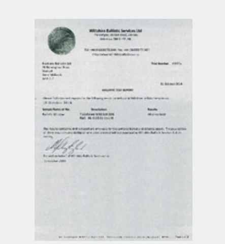 A ballistics test report from Wiltshire Ballistic Services Ltd, dated 20 October 2008, confirming a failed test result.