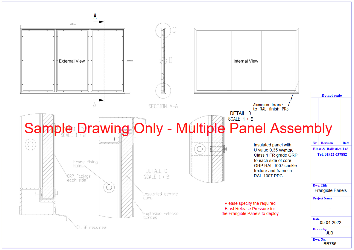 Technical drawing for a multiple panel assembly, showing front and side views with detailed cross-section inserts.