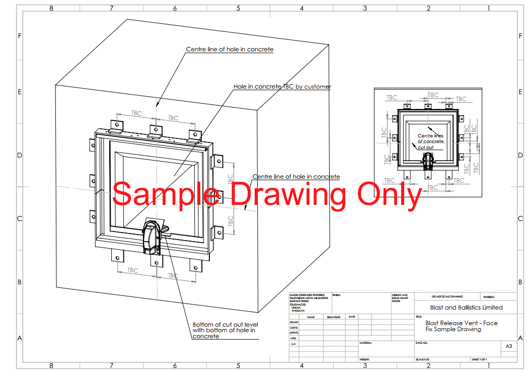 Technical drawing of a mechanical assembly with dimensions, labels, and a title block, watermarked