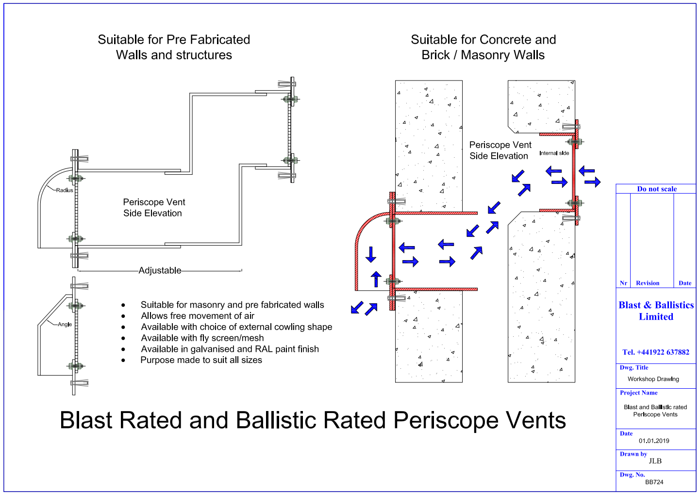 Technical drawing of blast and ballistic rated periscope vents for prefabricated, concrete, and masonry walls.