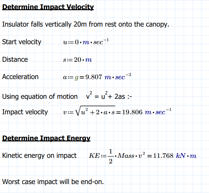 Calculations for impact velocity and kinetic energy of an insulator falling 20m from rest.
