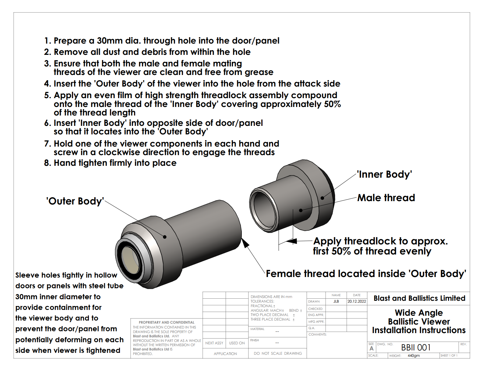 Installation instructions for a Wide Angle Ballistic Viewer, featuring a diagram of two metallic, threaded components.