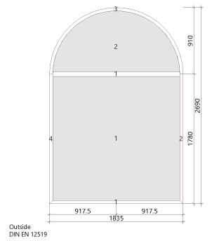 Technical drawing of an arched window frame with dimensions in millimeters.
