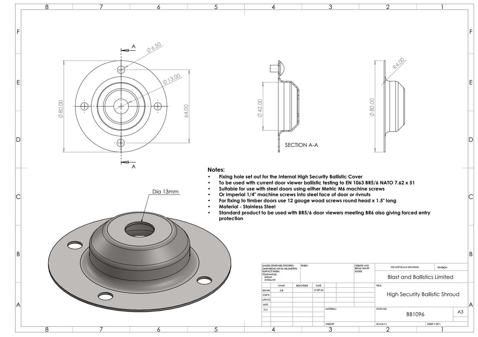 Installation instructions for a Wide Angle Ballistic Viewer, featuring a diagram of two metallic, threaded components.