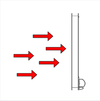 Four red arrows point horizontally toward a vertical panel or wall with a small mounted object at the bottom.