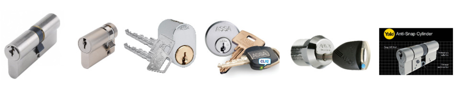 A horizontal lineup of six different metal door lock cylinders, including deadbolt and thumbturn styles.