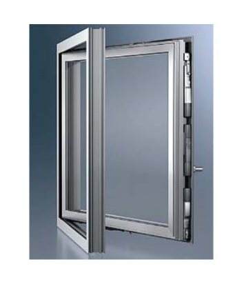 A silver-framed, modern window partially open, showing hardware and a grey background.
