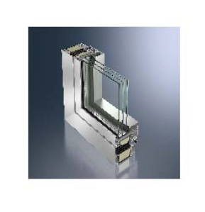 A cross-section view of a metal window frame with triple-pane glass against a plain, gradient blue-grey background.