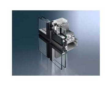 3D technical rendering of a cross-section of a modern glass and metal window or curtain wall framing system.