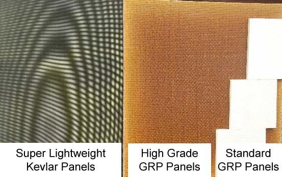Three material samples: a mesh Kevlar panel, a tan fiberglass panel, and white standard fiberglass panels.