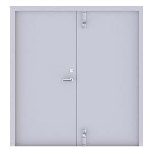 Double steel doors in a light gray finish with a central handle and vertical bolt latches on the right door.