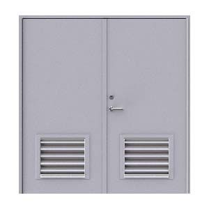 A pair of industrial light-gray steel double doors, each featuring a metal louvered vent panel near the bottom.