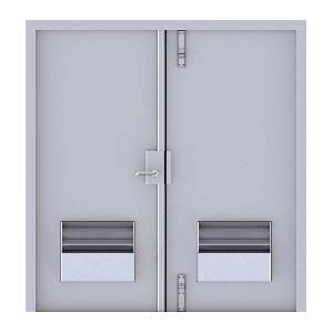 Double gray metal doors featuring lower ventilation louvers, a central handle, and top and bottom locking hardware.