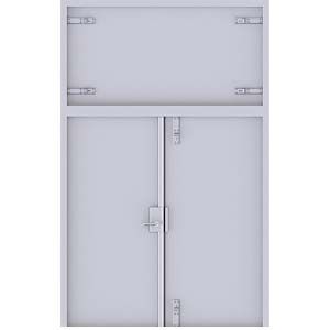 A light gray double door with a horizontal transom panel above and industrial latch hardware.