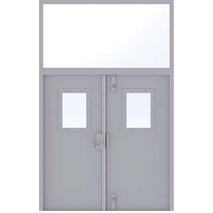 A set of grey double commercial doors with a rectangular window in each door and a large glass transom window above.