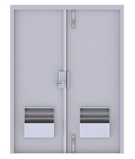 Double light gray metal doors featuring central lever hardware, vertical mullion, and rectangular louvers on each side.