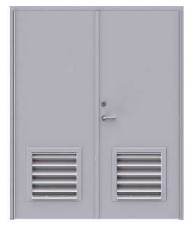 A set of light gray double doors, each featuring a square louvered vent in the lower half and a single handle.