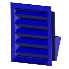 A blue rectangular wall vent with five horizontal slanted louvers.