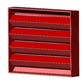 A red, rectangular wall louver with horizontal, slanted blades for air ventilation.