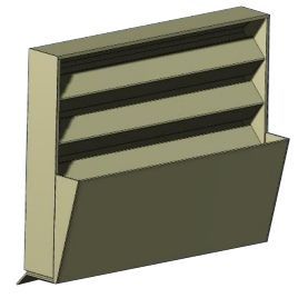 A CAD render of a beige, wall-mounted vertical document organizer with three interior shelves and a slanted front pocket.