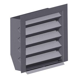 A gray metal louvered wall vent with a flanged frame and angled blades for airflow.