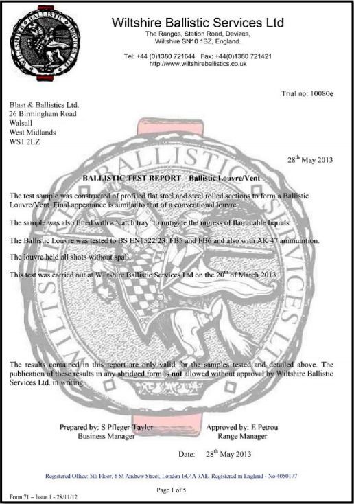 A 2013 ballistic test report from Wiltshire Ballistic Services Ltd on official letterhead.