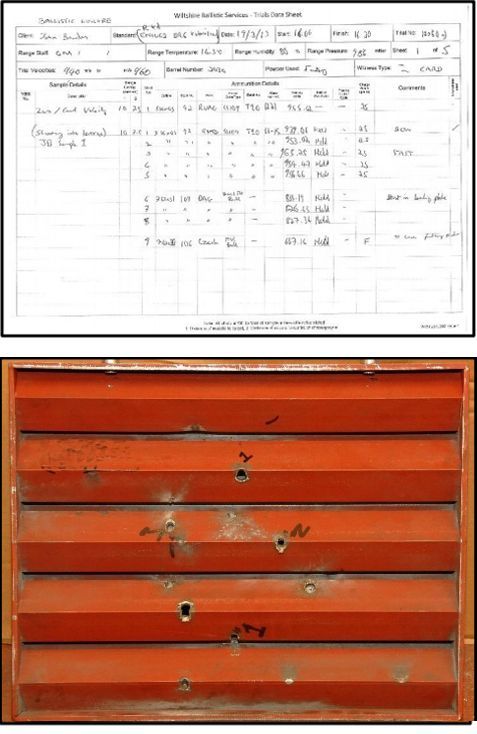 A ballistic testing report form above a red, horizontally louvered panel with multiple bullet impact holes.