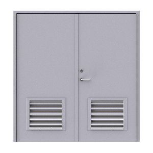 Double gray industrial doors with horizontal louvers at the bottom and a single handle and lock on the right side.