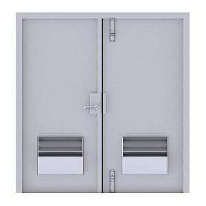 A pair of grey, industrial double doors featuring lower louvers and a central locking handle mechanism.
