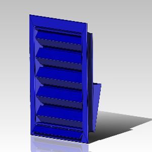 A blue, vertical louvered vent with slats angled downwards, shown in a 3D digital render.