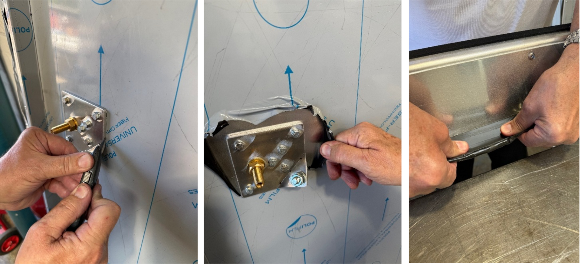 Hands attaching a metal bracket with a gold valve to a stainless steel panel, followed by adjusting a gasket seal.