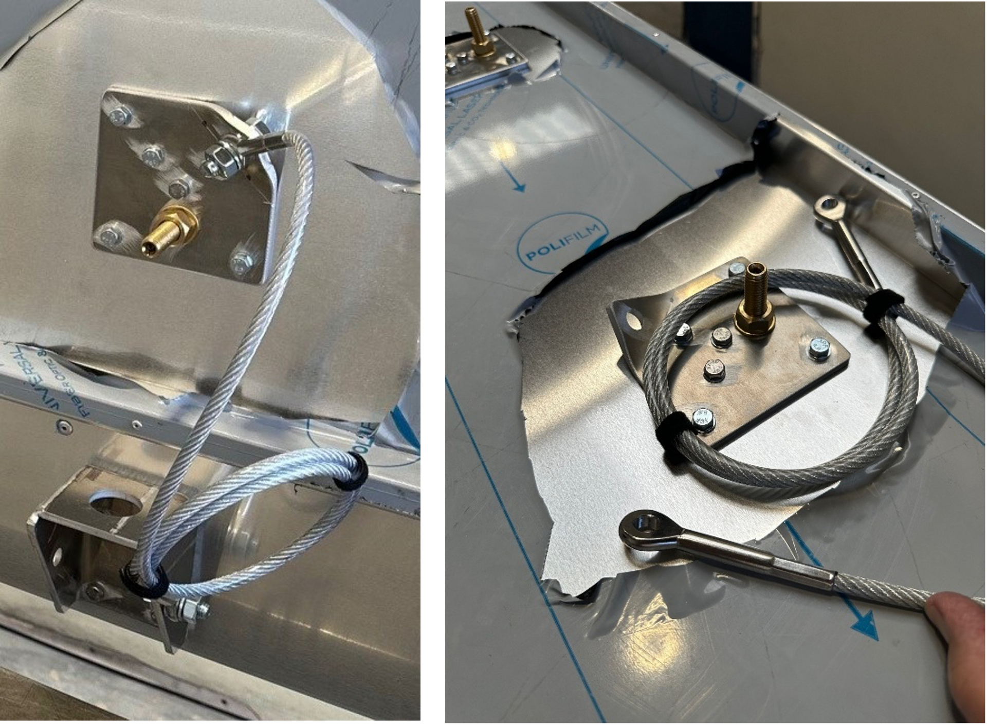 Two panels showing braided metal grounding cables connected to brass fittings on metallic surfaces.