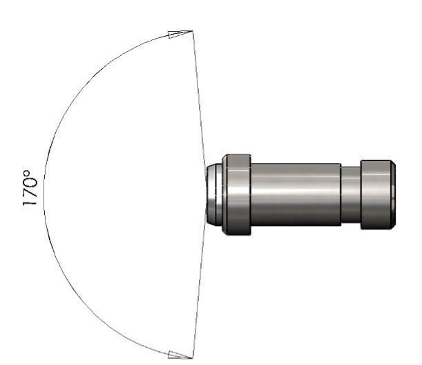 A metallic cylindrical component shown with a 170-degree arc indicating its wide-angle field of view.