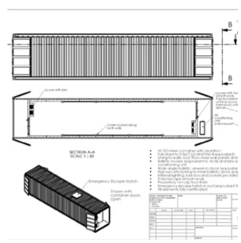 Technical drawing of a 20-foot modified steel shipping container with security features, layout, and specifications list.