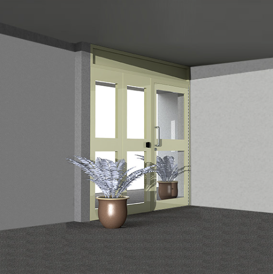 A doorway with two pale yellow glass doors in a grey corner, flanked by two potted plants on a dark grey floor.