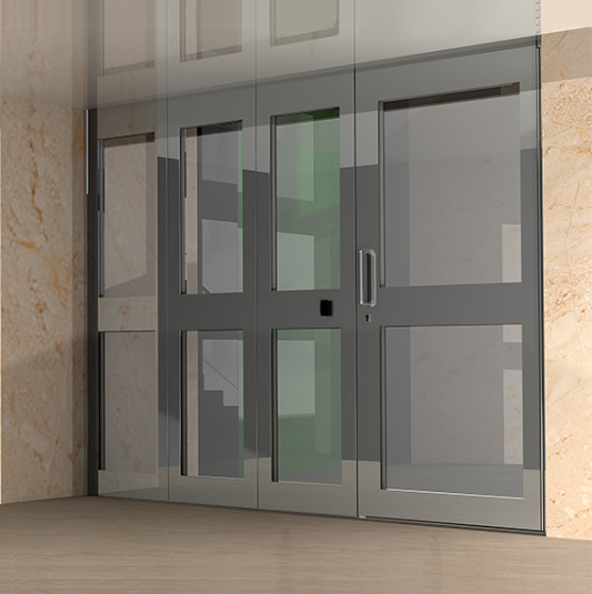 A set of four glass door panels with gray metal frames, set between two light-colored stone or marble walls.