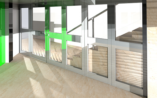 A series of glass doors with horizontal blinds inside, featuring a green overlay, opening to a wooden-floored interior.