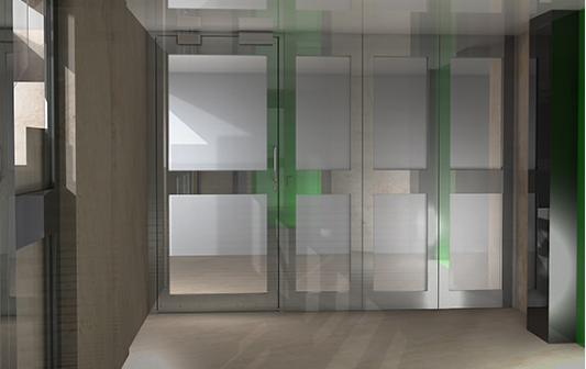 A modern entryway with a glass-paneled double door, sleek metal framing, wooden walls, and a glossy dark pillar.