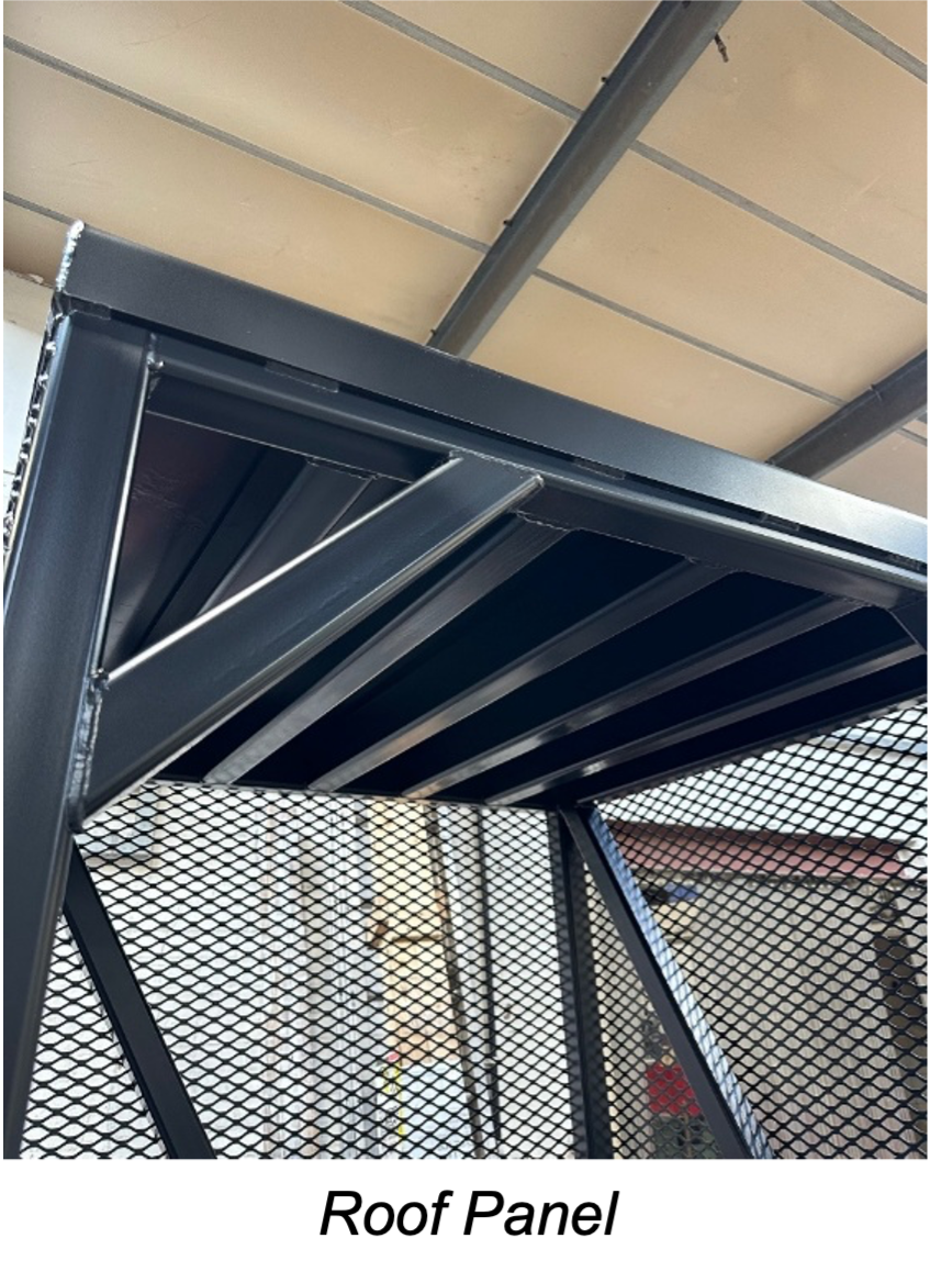 A black, welded metal roof panel with a sturdy frame and integrated mesh siding for a protective structure.