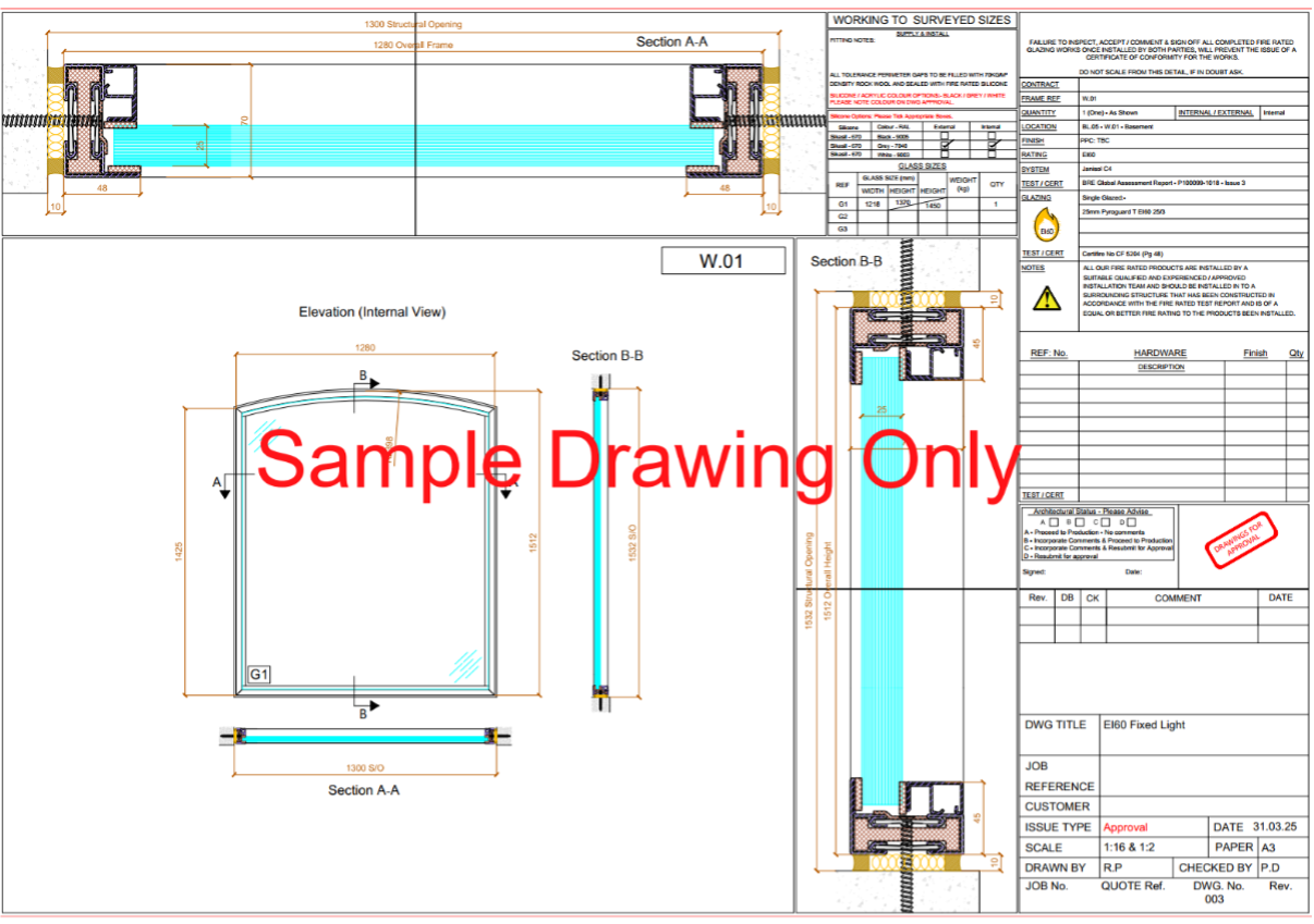 Technical engineering drawing of a glass partition panel with dimensions and frame details, labeled