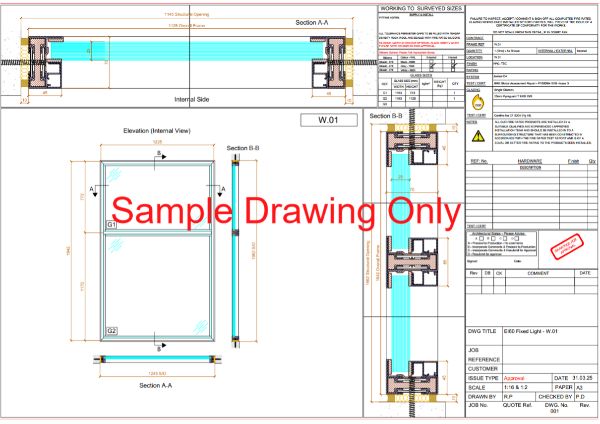 Technical engineering drawing of a glass window frame, including plan views, sections, and structural specifications.