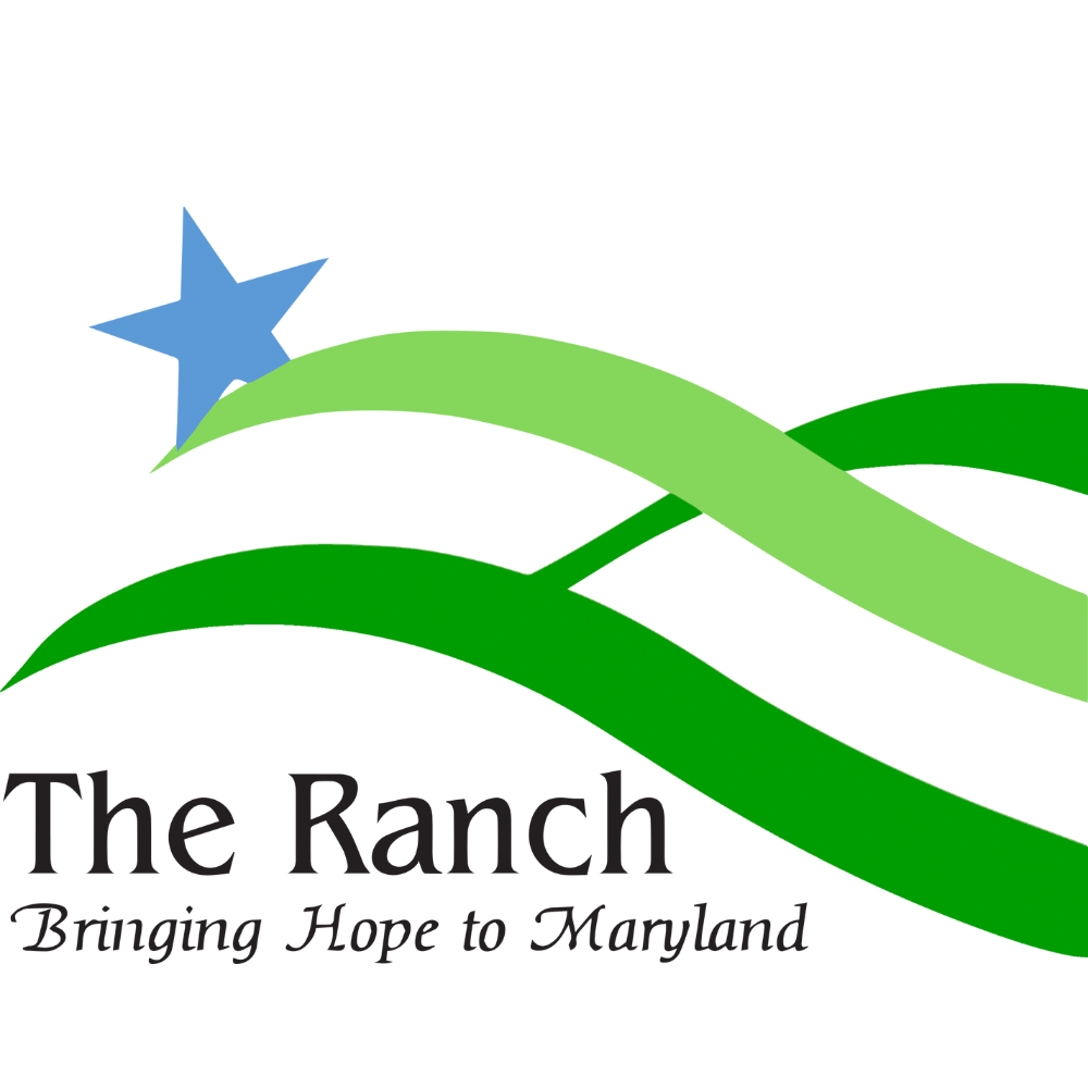 Logo for The Ranch in Maryland: blue star, green and light green ribbons, text "The Ranch" and "Bringing Hope to Maryland".