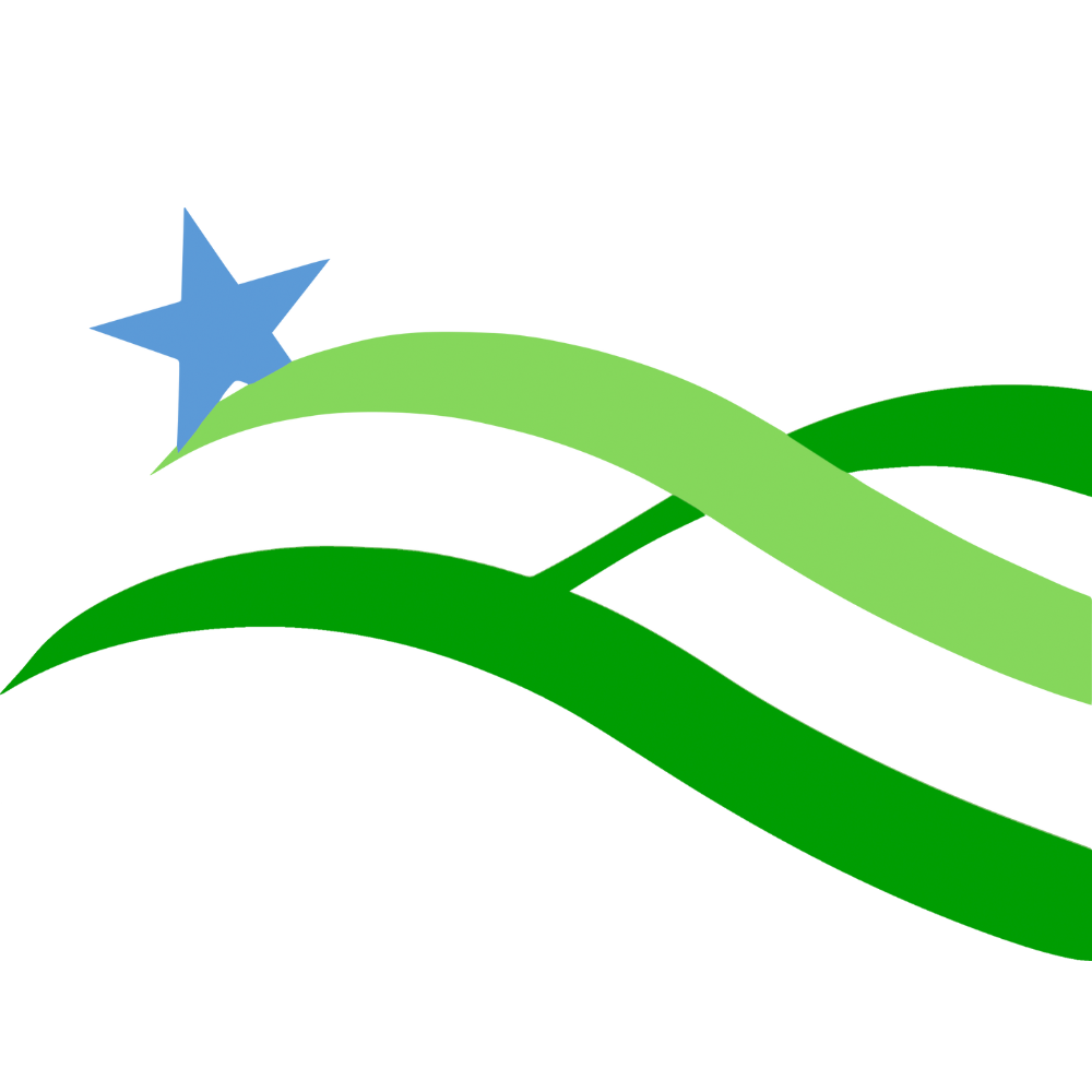 Blue star above wavy green and light green ribbons on white.