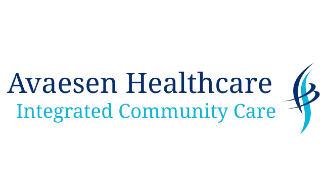 Avaesen Healthcare logo, blue text, blue swoosh graphic.
