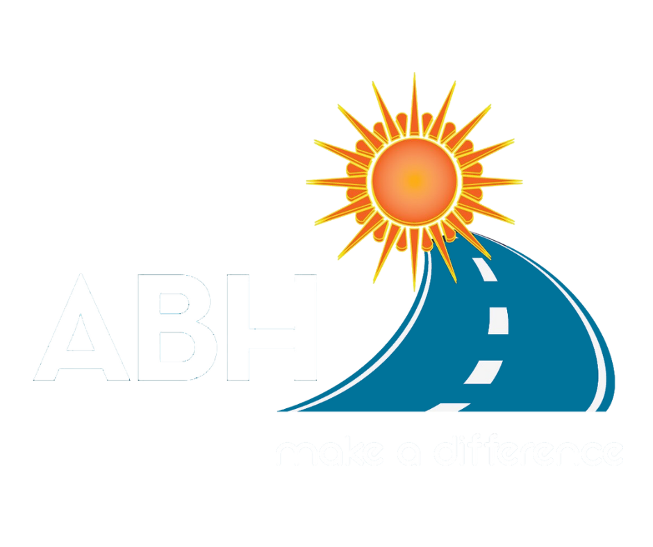 A stylized road curving upward with a sun, possibly representing a journey.