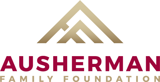 Gold logo: interlocking letterforms forming a stylized mountain peak, above