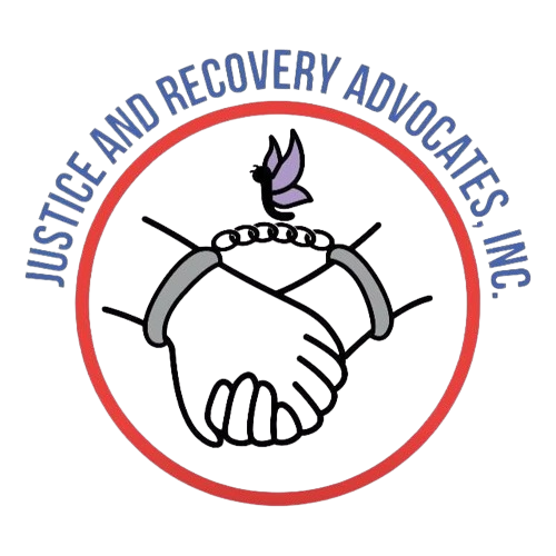 Logo: Hands clasped in handcuffs, butterfly above, within a red and blue circle,